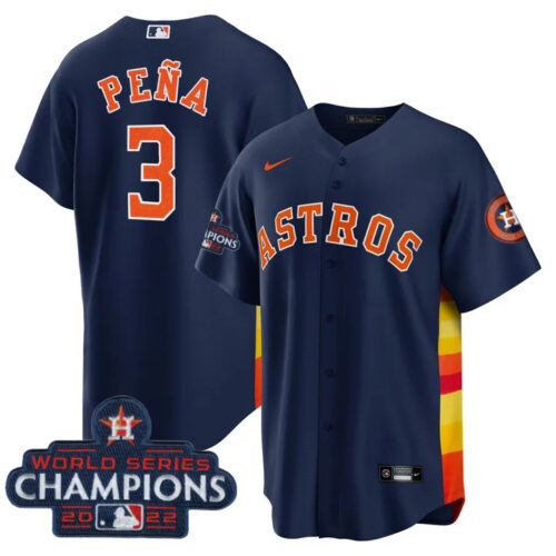 Men's Houston Astros #3 Jeremy Peña Navy 2022 World Series Champions Cool Base Stitched Baseball Jersey